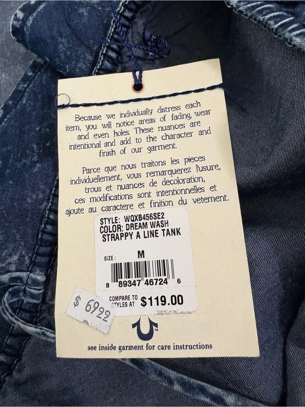 True Religion Blue Dream Wash A Line Tank Top